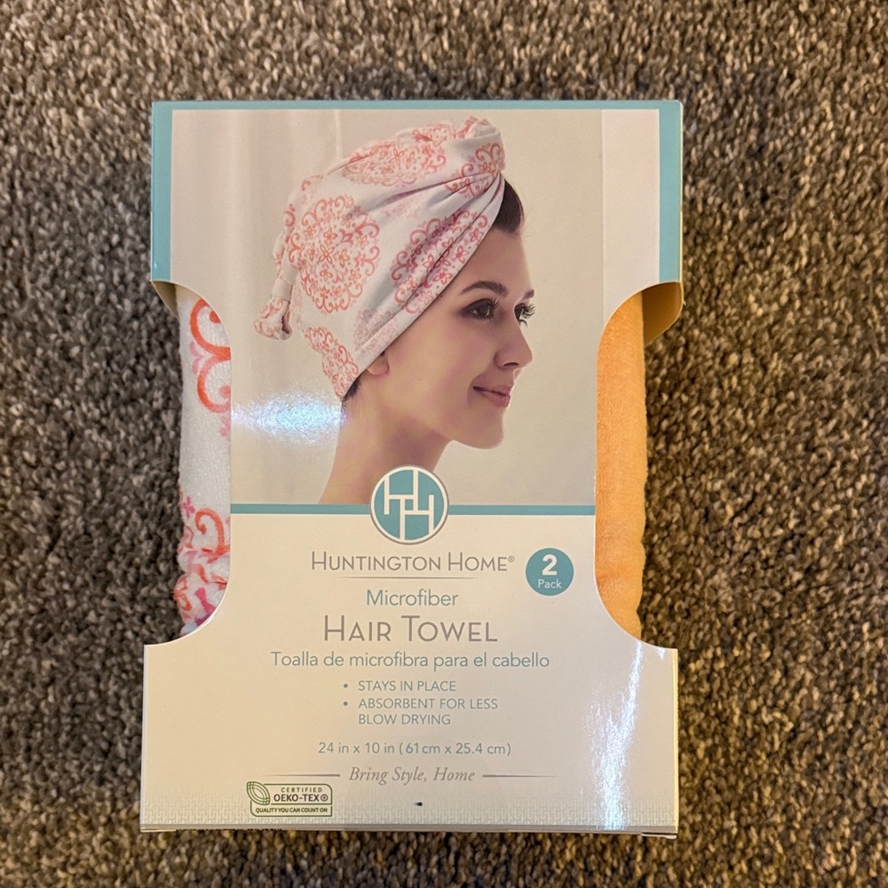 Huntington Home Microfiber Hair Towel Set - Orange and White with Pink Design